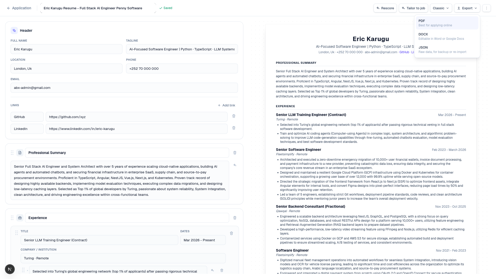 The CV editor showing a structured resume with header, professional summary, and experience sections, plus a live preview and PDF/DOCX/JSON export menu open